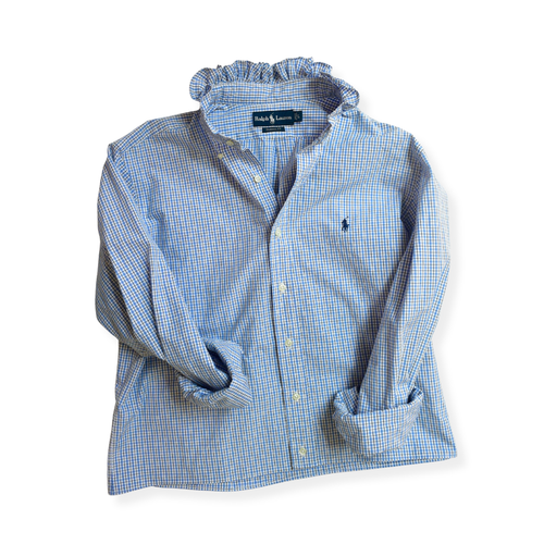 Blue Plaid Polo Ralph Lauren Ruffle Heirloom Shirt size L XL