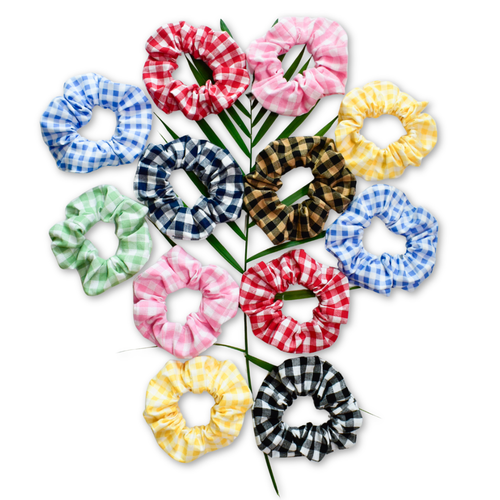 gingham scrunchies, checked scrunchies